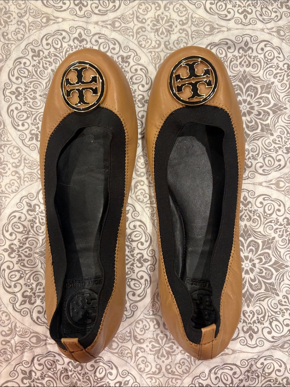 Tory Burch Tan Leather Logo Ballet Flats with Black Trim